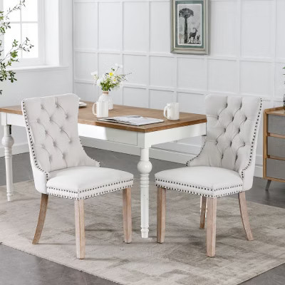 CAVINAS Solid Wood Dining Chair, High-end Tufted Upholstered Dining Chair with Natural Wood Legs, Nailhead Trim, Beige | Target