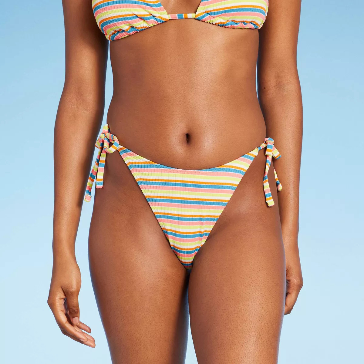Women's Ribbed Extra Cheeky Extra High Leg Bikini Bottom - Wild Fable™ Blue/Green/Pink Striped | Target