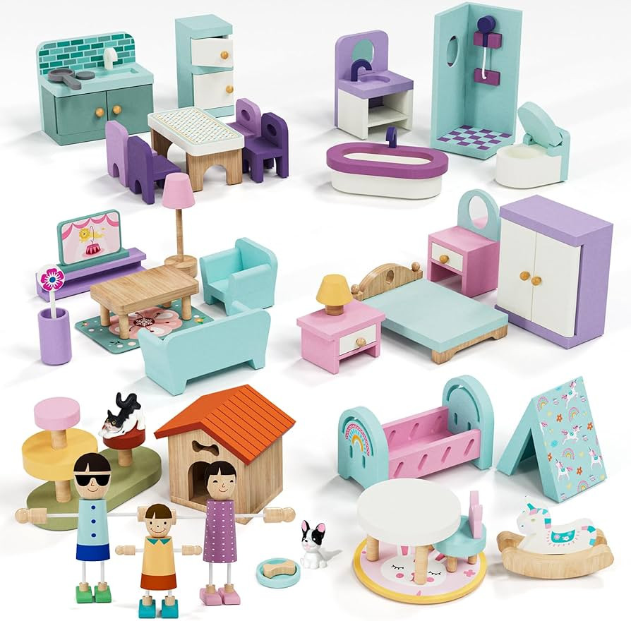 Lehoo Castle Wooden Dollhouse Furniture Set 39 Pcs with 5 Rooms, Family Dolls & Pets, All-Wooden ... | Amazon (US)