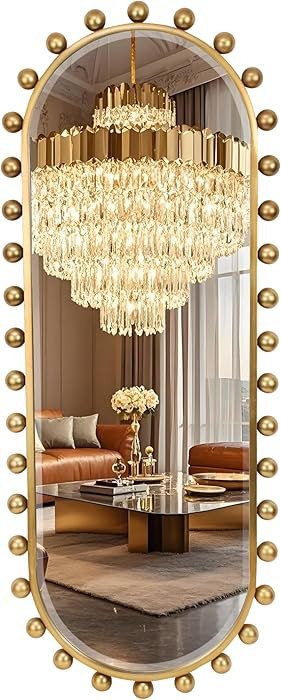 Oval Full-Length Wall Mounted Mirror 20" x 51", Antique Gold Beaded Beveled Mirror with Ball Fram... | Amazon (US)