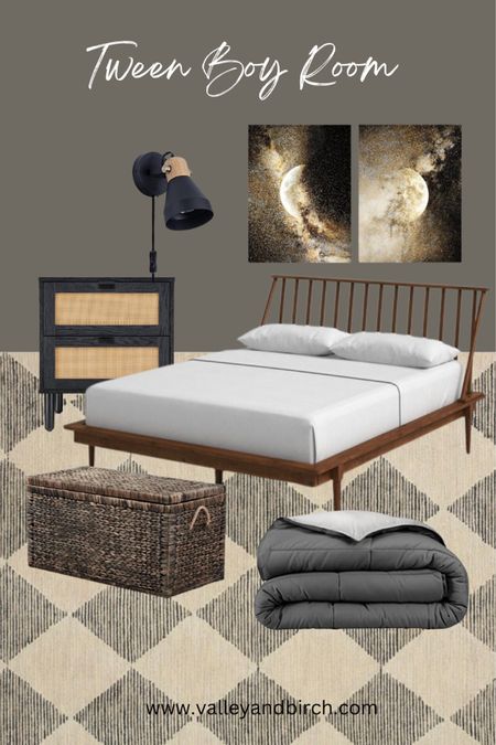 A sophisticated tween boy room inspiration board.  Neutral and functional bedroom with wood spindle bed, caned nightstand, wicker storage trunk, cozy comforter, plug in wall sconce, and moon art!
#boysroom #boysbedroom #tweenroom #guestroom #neutralbedroom #modernbedroom #cozybedroom #boysroomideas

#LTKfamily #LTKkids #LTKhome