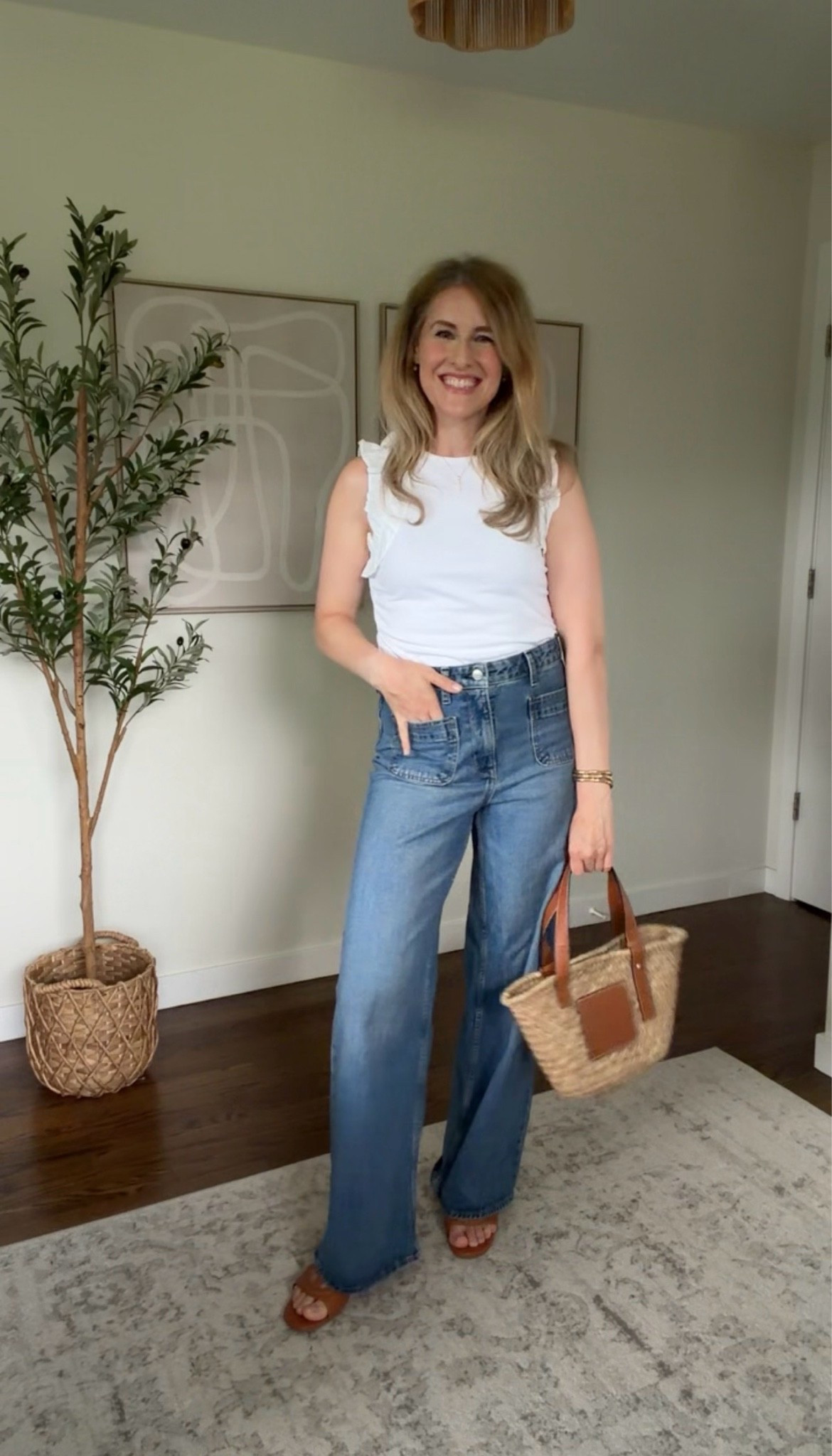 Wide leg patch pocket jeans that look designer, and a not so basic white tee with ruffle detail! True size 6 in the jeans and small in the top (I also own the top in navy size medium and prefer the looser fit). #walmartfashion

#LTKOver40