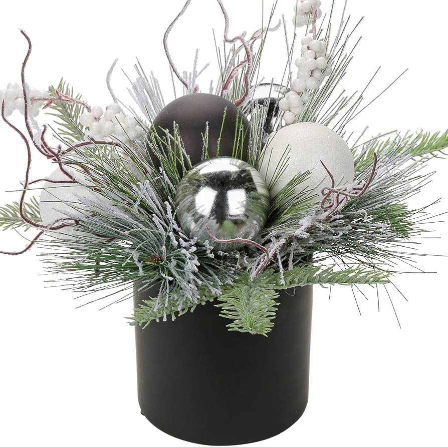 Briful 10 Inch Mini Christmas Tree Artificial Potted with Holly Pine Snowy and Black White Silver... | Amazon (US)
