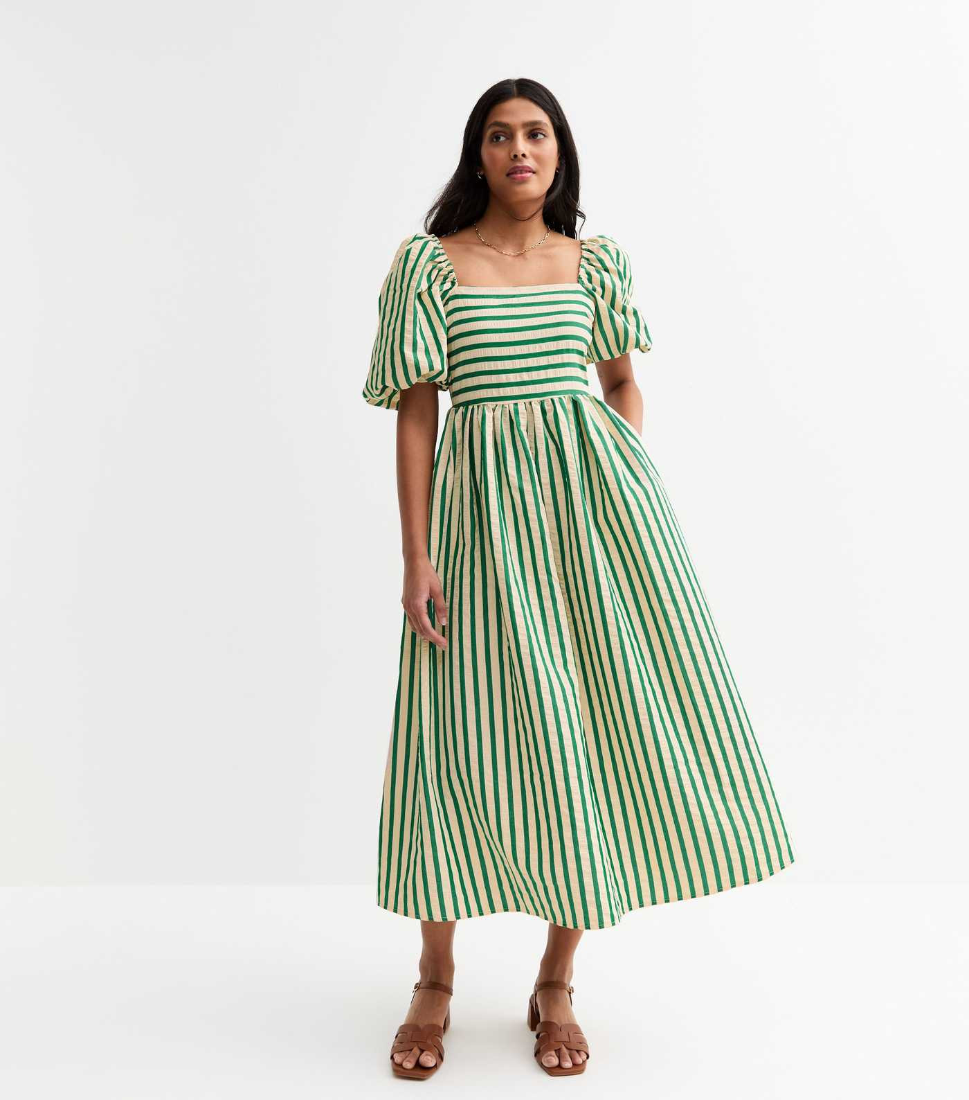 Green Striped Puffed Sleeve Midi Dress | New Look | New Look (UK)