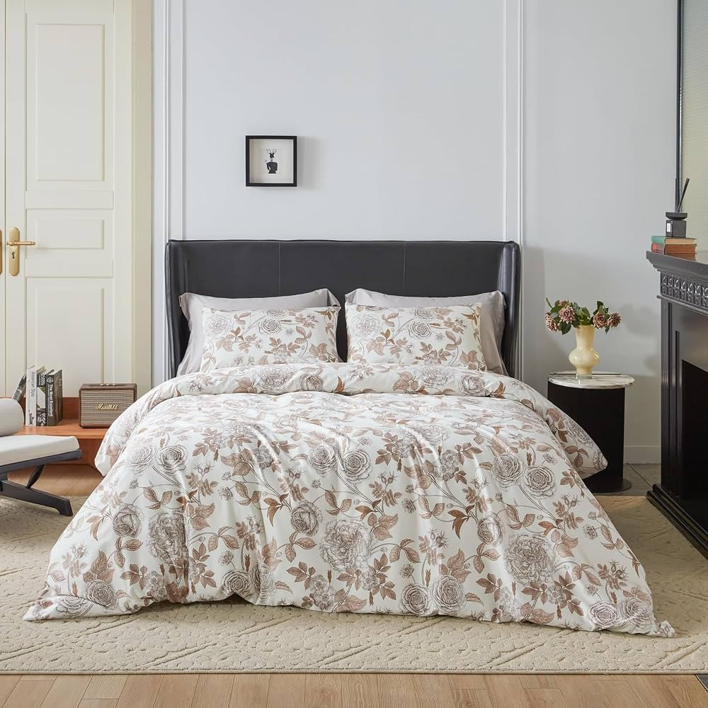 YuHeGuoJi Taupe Floral Duvet Cover King 100% Egyptian Cotton Brown Flower Duvet Cover 3 Pcs Set 1... | Amazon (US)