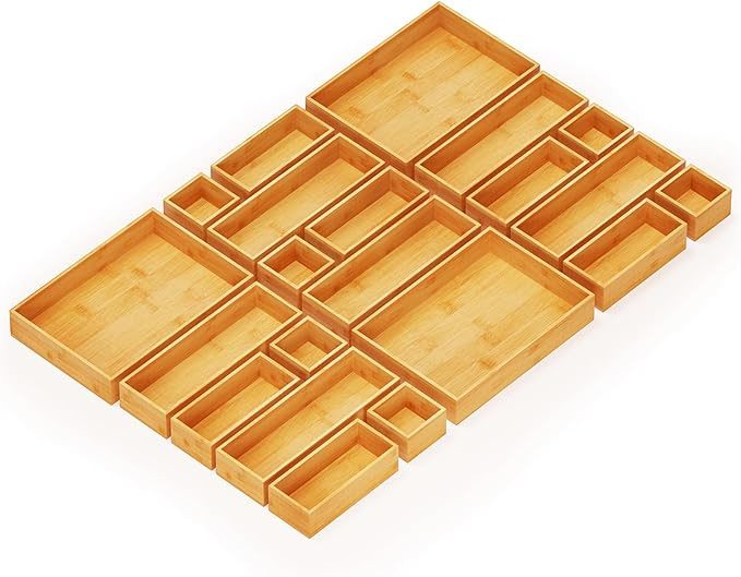 SpaceAid 21-Piece Bamboo Drawer Organizer Storage Boxes Set, Wood Tray Junk Drawer Organizers Mul... | Amazon (US)