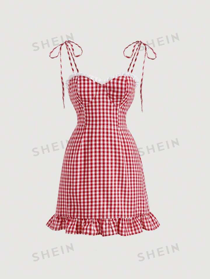 SHEIN MOD Gingham Print Tie Shoulder Ruffle Hem Cami Dress | SHEIN