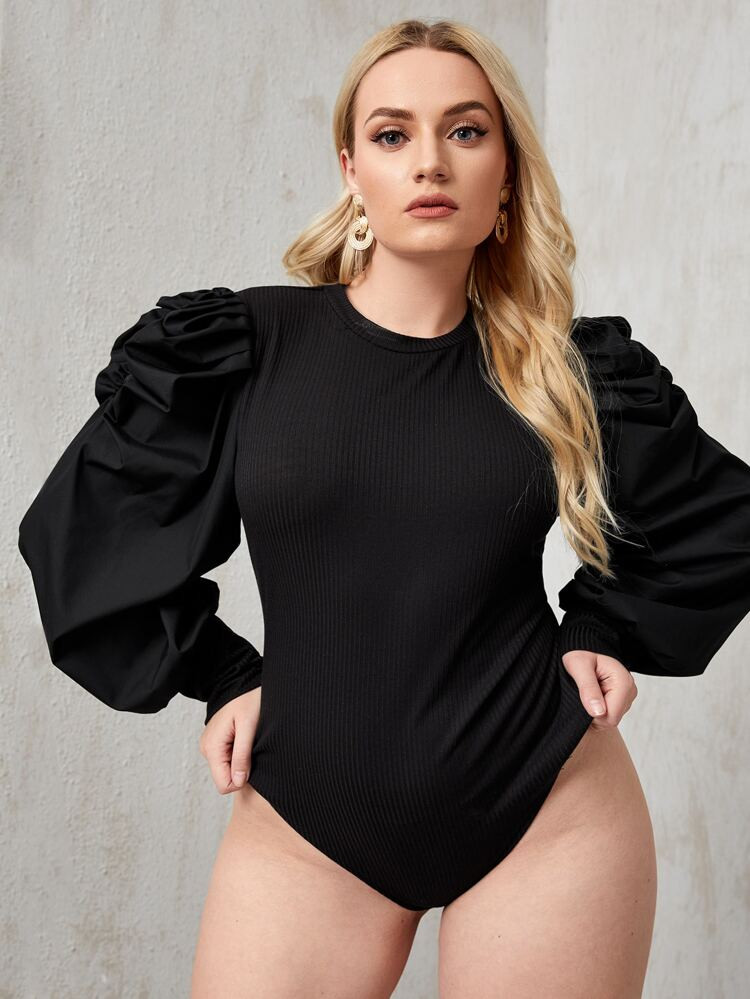 Plus Solid Leg-of-mutton Sleeve Bodysuit | SHEIN