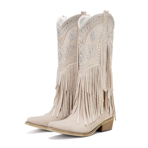 UTIKLIOU Cowboy Boots for Women Knee High Cowgirl Western Fringe Boots Rhinestone Chunky Heel Pointed Toe Beige 9.5 | Amazon (US)