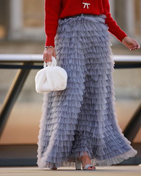 Red Cardigan Grey Tulle Maxi Skirt White Fur Mini Bag Silver Heels - Festive Outfit Party Outfit Christmas Outfit Occasion Outfit Fall Winter Outfit Petite Outfit

#LTKGiftGuide #LTKeurope #LTKstyletip