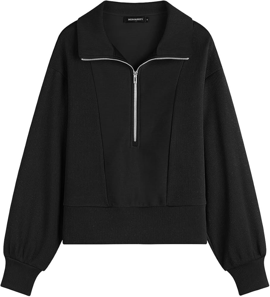 MEROKEETY Women's 2023 Long Sleeve Half Zip Cropped Sweatshirt Lapel Casual Ribbed Pullover Tops | Amazon (US)