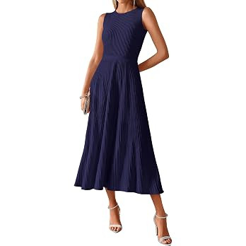 BTFBM Women Midi Bodycon Tank Dress | Casual Sleeveless Crewneck Knit Pleated A Line Sweater Dres... | Amazon (US)