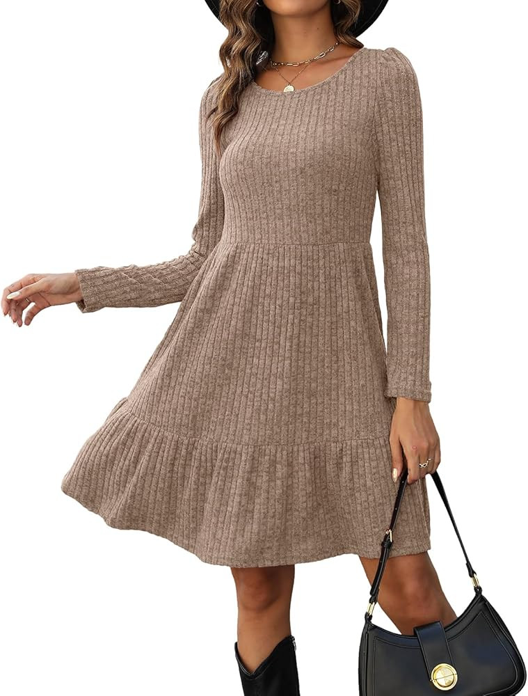AGSEEM Womens Winter Crewneck Long Sleeve Dresses Knee Length Knit Sweater Dress | Amazon (US)