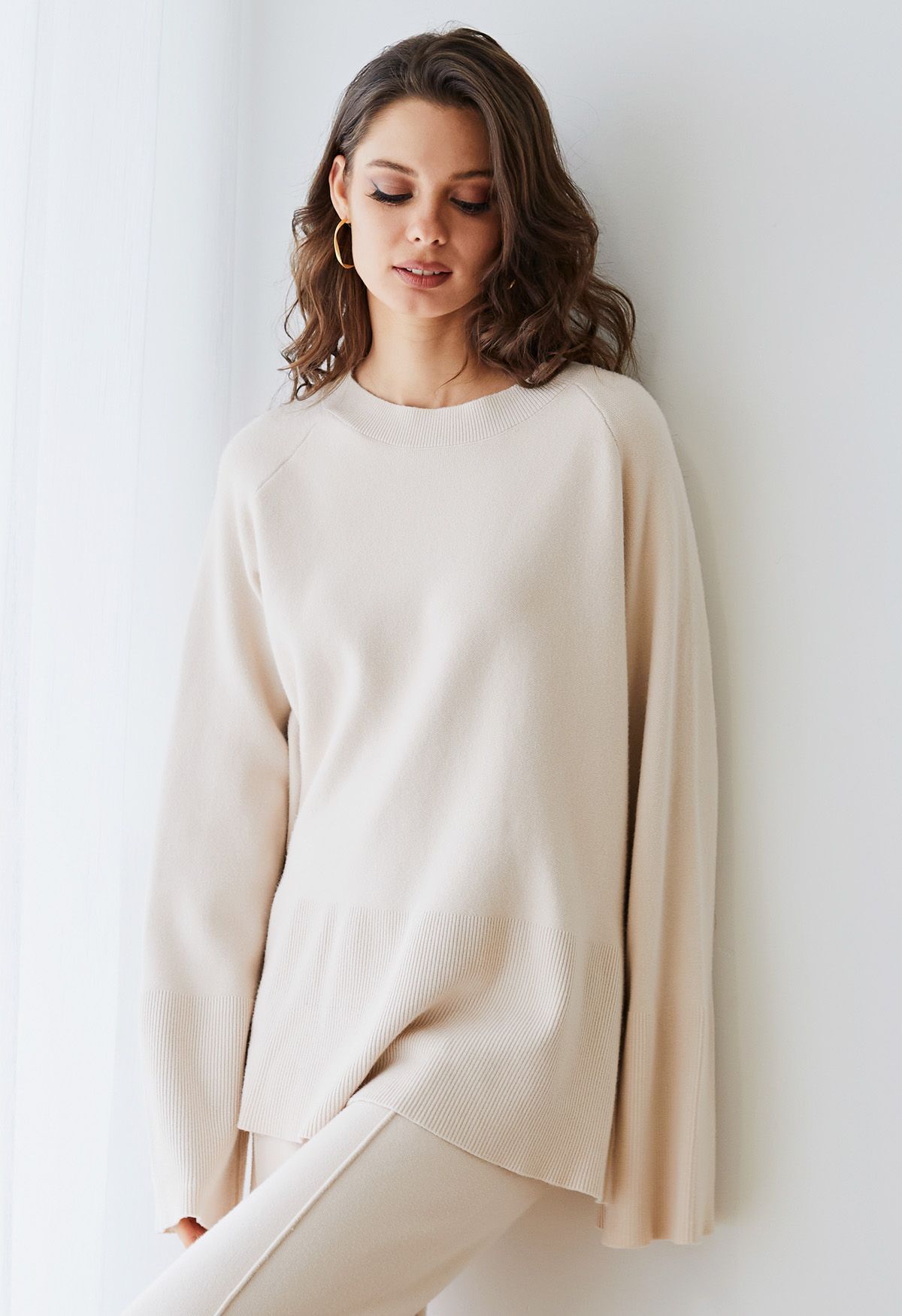 Slit Hem Ribbed Detail Soft Knit Sweater in Oatmeal | Chicwish