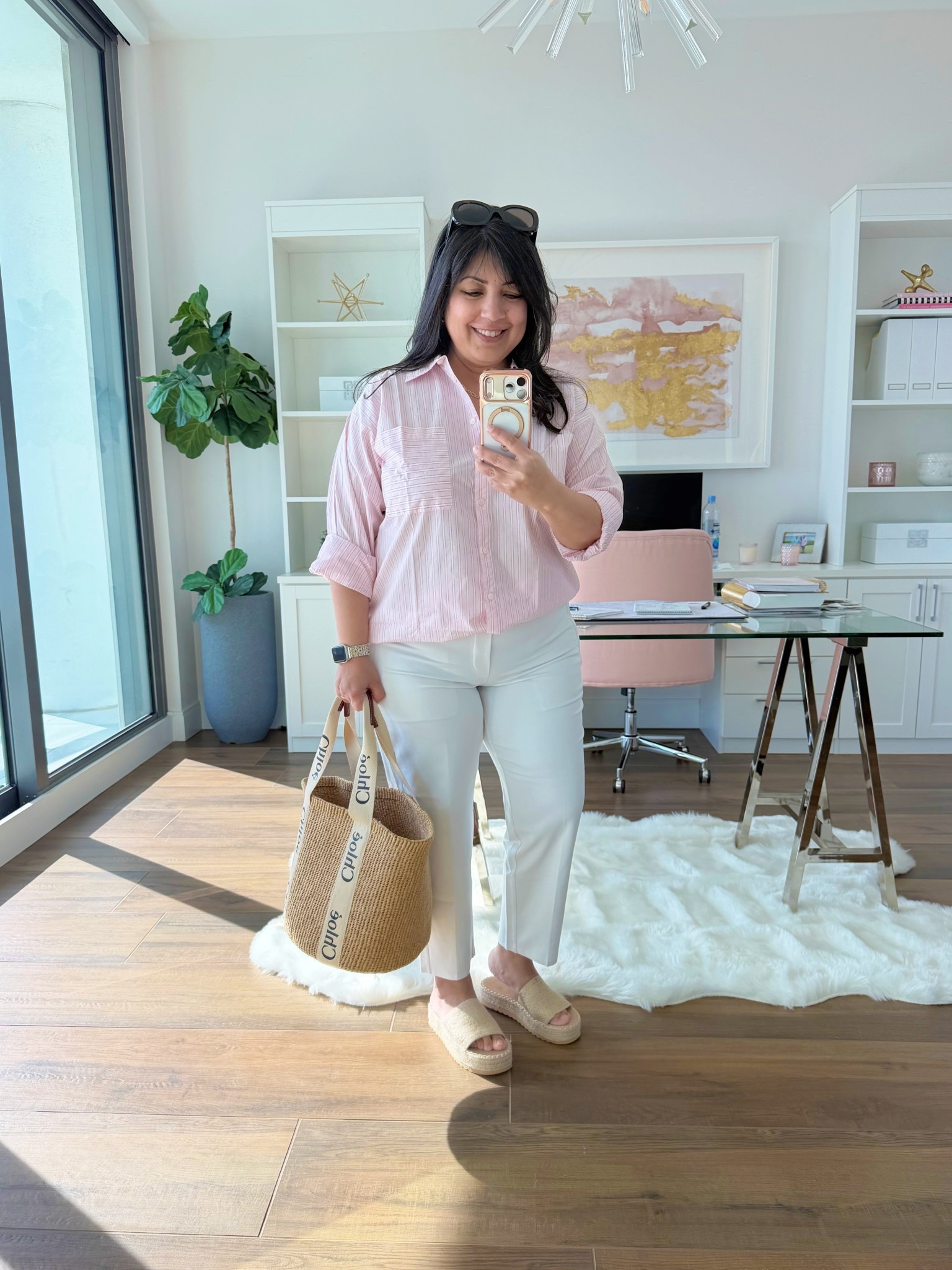 LOFT Sale!!! 60% off tops and sweaters today + free shipping! Grab this cute pink shirt for only $24! Also, these white pants are on sale 30% off and are great for travel and everyday wear during the spring and summer! 

Loft pink striped shirt size large petite. Athleta white pants size 12 Petite also on sale. BEACH sandals. Chloe raffia tote bag. Prada sunglasses. 

Spring outfit, summer outfit, vacation outfit

#LTKOver40 #LTKSaleAlert #LTKMidsize