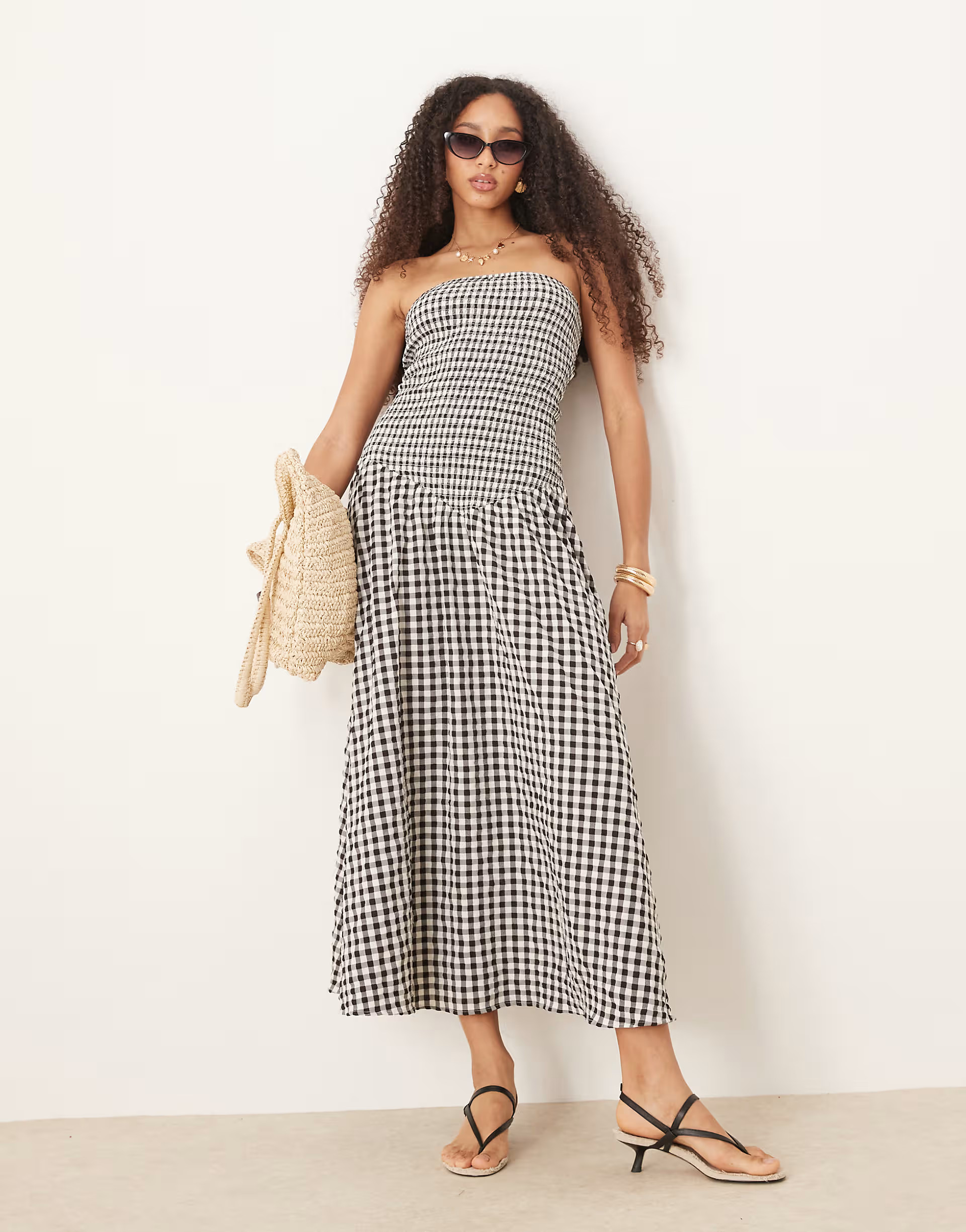 ASOS DESIGN crinkle bandeau maxi dress in black and white ginham | ASOS (Global)