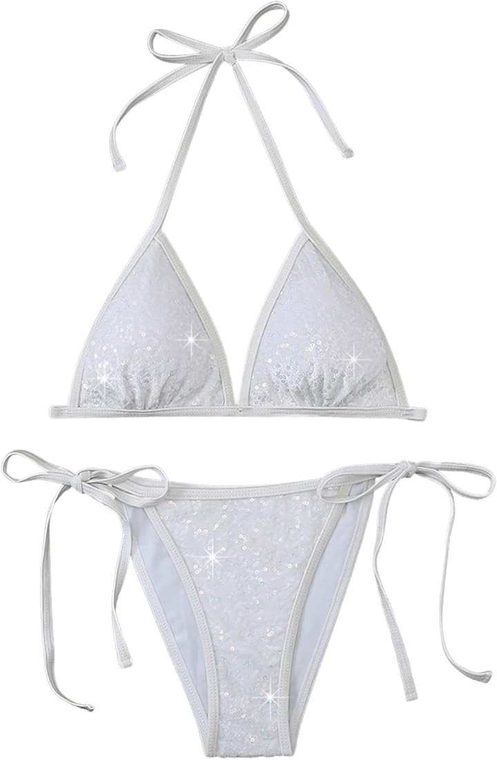 SweatyRocks Women's Sequin 2 Piece Swimsuit Halter Triangle Bikini Tie Side Bathing Suit | Amazon (US)