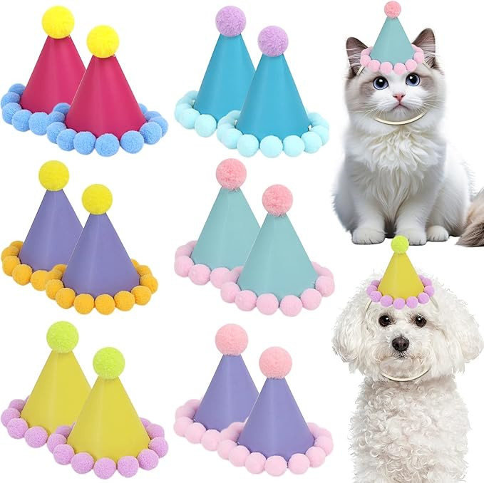12 Pack Mini Party Hats for Stuffed Animals, Mini Hats with Pom Poms Dog Birthday Party Hats for ... | Amazon (US)