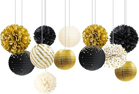 NICROLANDEE Black Gold Party Decorations,12PCS Paper Lantern Tissue Pom Poms Black and Gold Hangi... | Amazon (US)