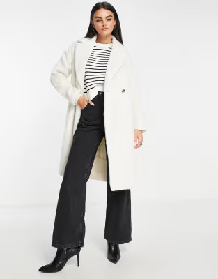 Vila fluffy double breasted coat in cream | ASOS (Global)