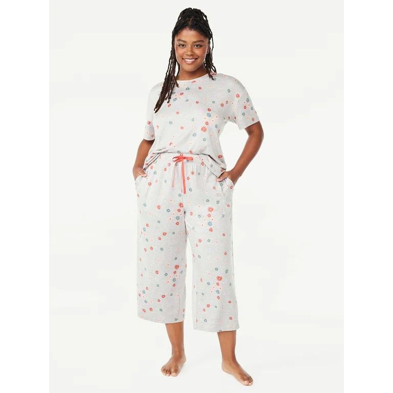 Joyspun Women's Short Sleeve T-Shirt and Cropped Pants Pajama Set, Sizes S-3X | Walmart (US)