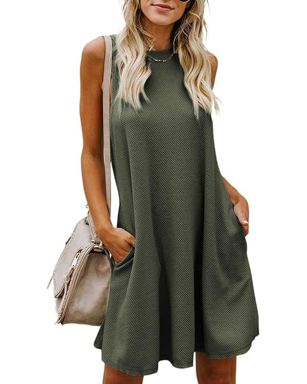 Dokotoo Womens 2023 Summer Dress Sleeveless Crew Neck Mini Tank Dress Short Flowy Sundress with P... | Amazon (US)