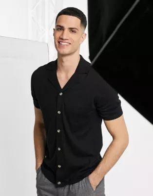 ASOS DESIGN knitted button through polo t-shirt in black | ASOS | ASOS (Global)