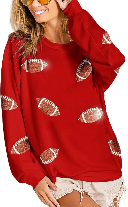 Womens Football Sequin Embroidery Loose Fit Sweatshirt Casual Crewneck Pullover Long Sleeve Gamed... | Amazon (US)