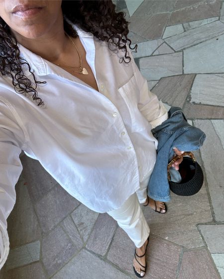 #ootd 
Shirt roomy I sized down one @ayr
Pants @madewell and petite
Sandals size up 1/2 a size @reformation 
Bag @shopclarev
Denim jacket @able
Necklace @thatchjewelry use code HGC15 
Lab grown diamond solitaire @nataliebortondesigns use code HGC10

#LTKstyletip #LTKfindsunder100 #LTKshoecrush