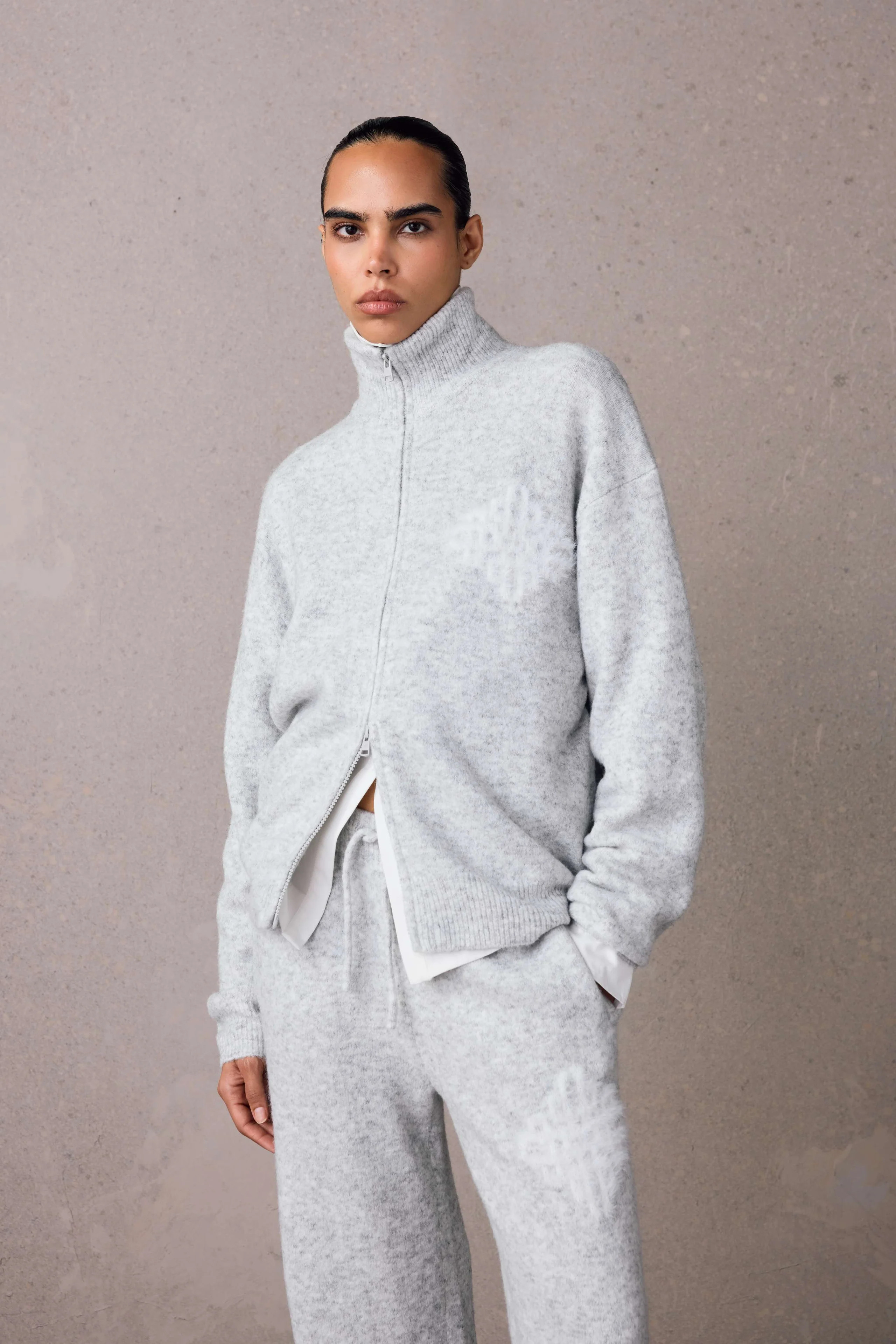EMBLEM FLUFFY KNIT FUNNEL NECK - GREY MARL | The Couture Club