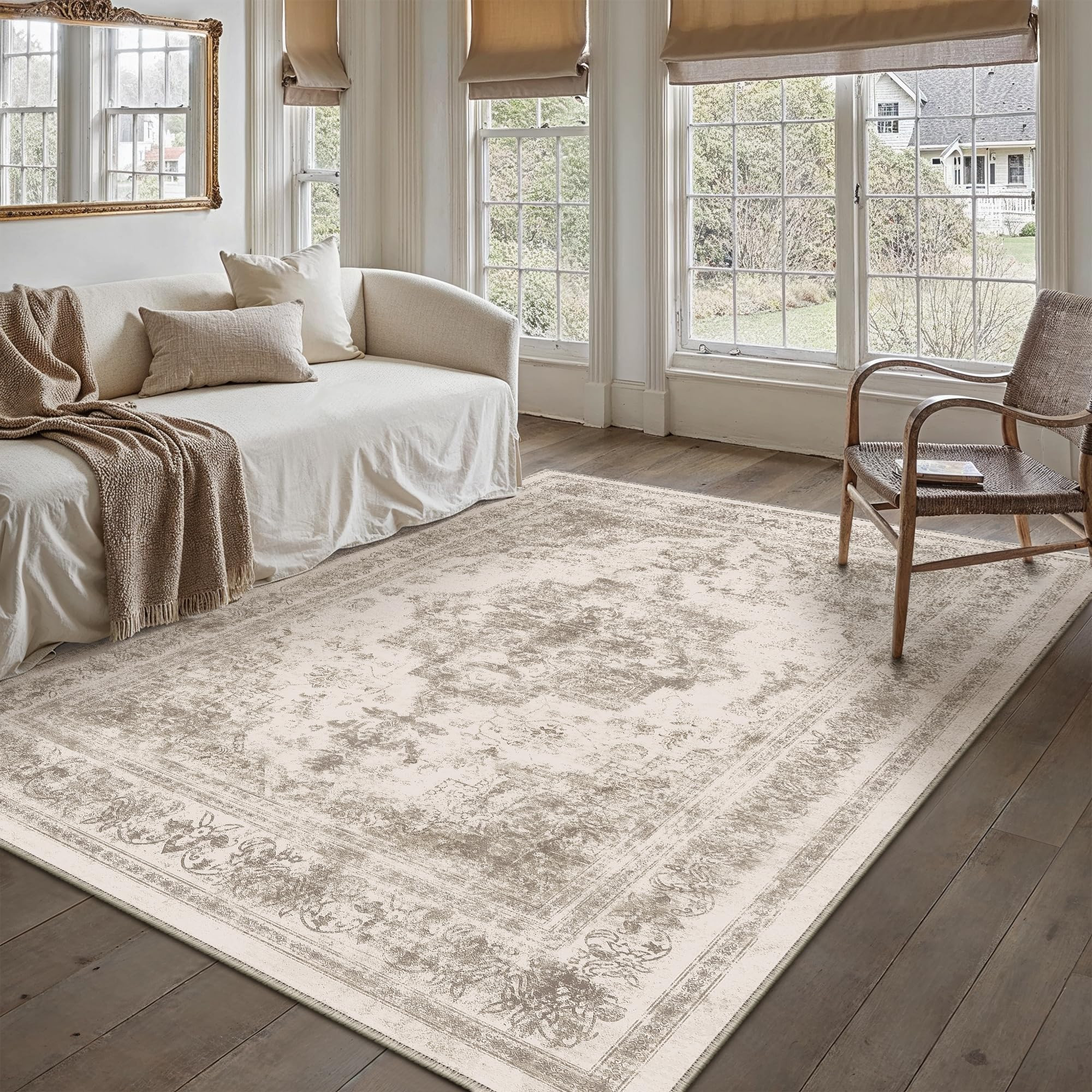 Area Rug 4x6 Beige Washable Office Entryway Vintage Medallion Carpet Non Slip Retro Indoor Mat Lo... | Amazon (US)