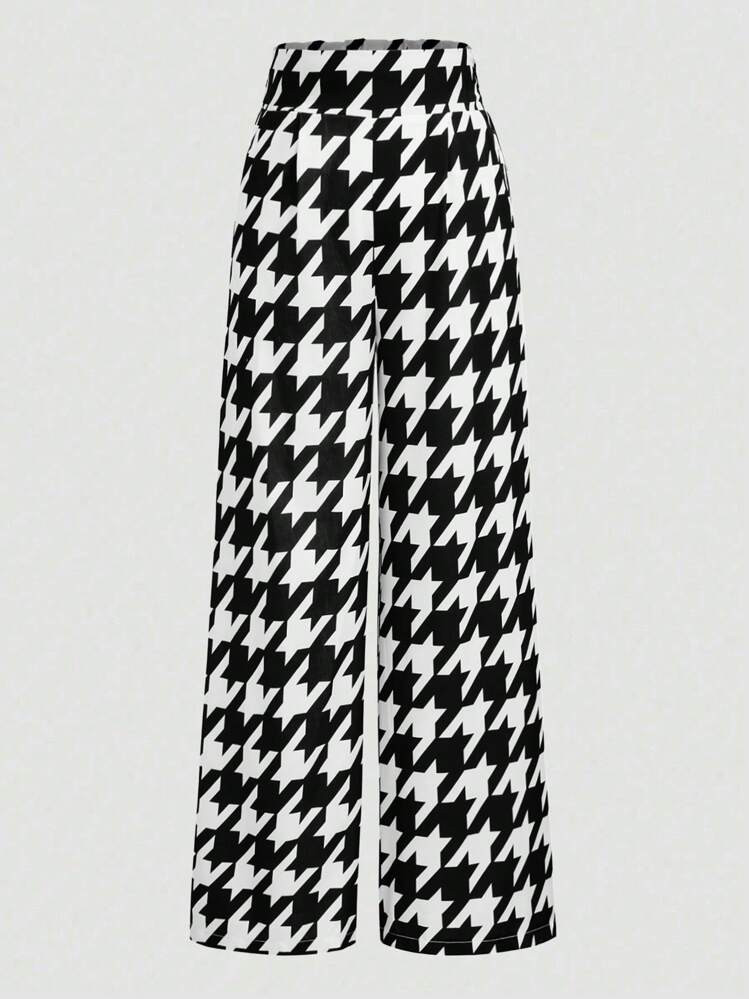 Celure Plus Size Women Loose High Waist Wide Leg Houndstooth Print Pants | SHEIN