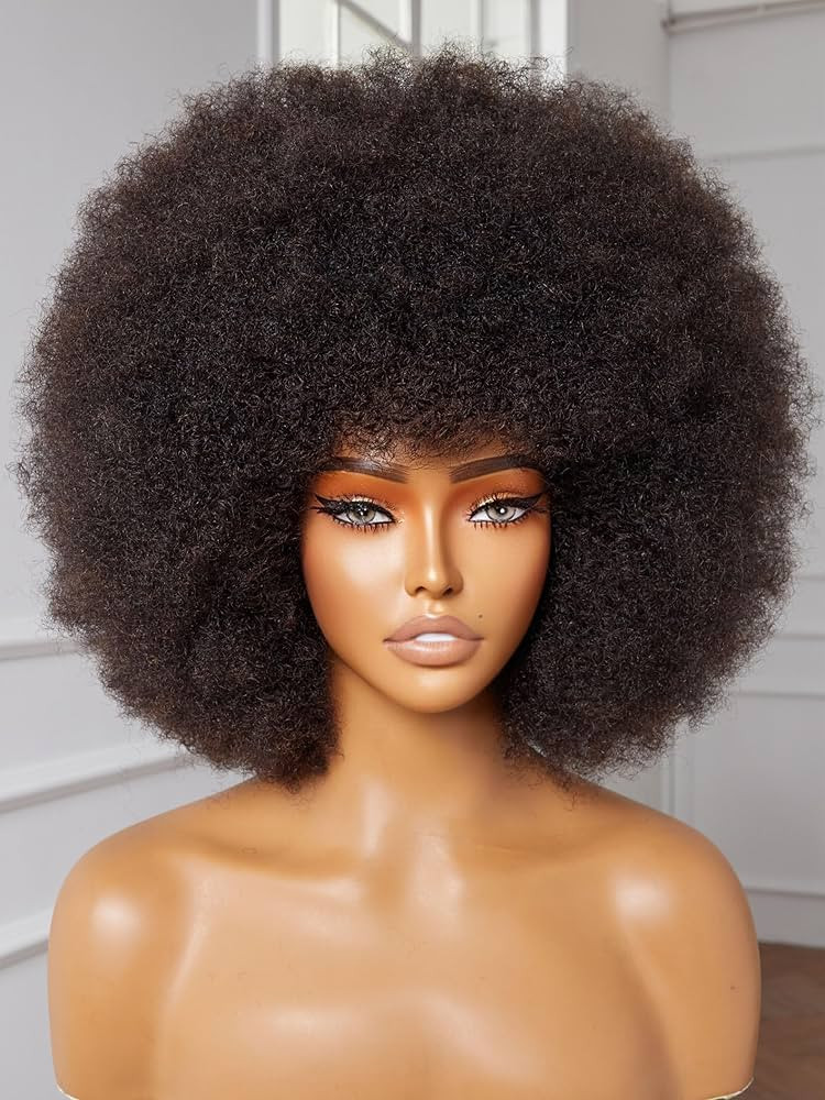 YASGRL 12" Fluffy Afro Wig Human Hair Pre-Comb, Afro Puff Short Curly Wig Disco Wigs 70'S 80'S Fo... | Amazon (US)