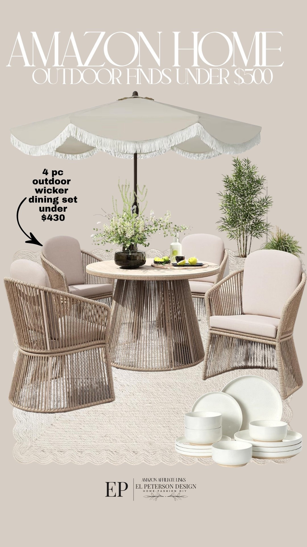 Amazon
4 pc dining set
Outdoor umbrella 
Rug
Dish sets

#LTKHome