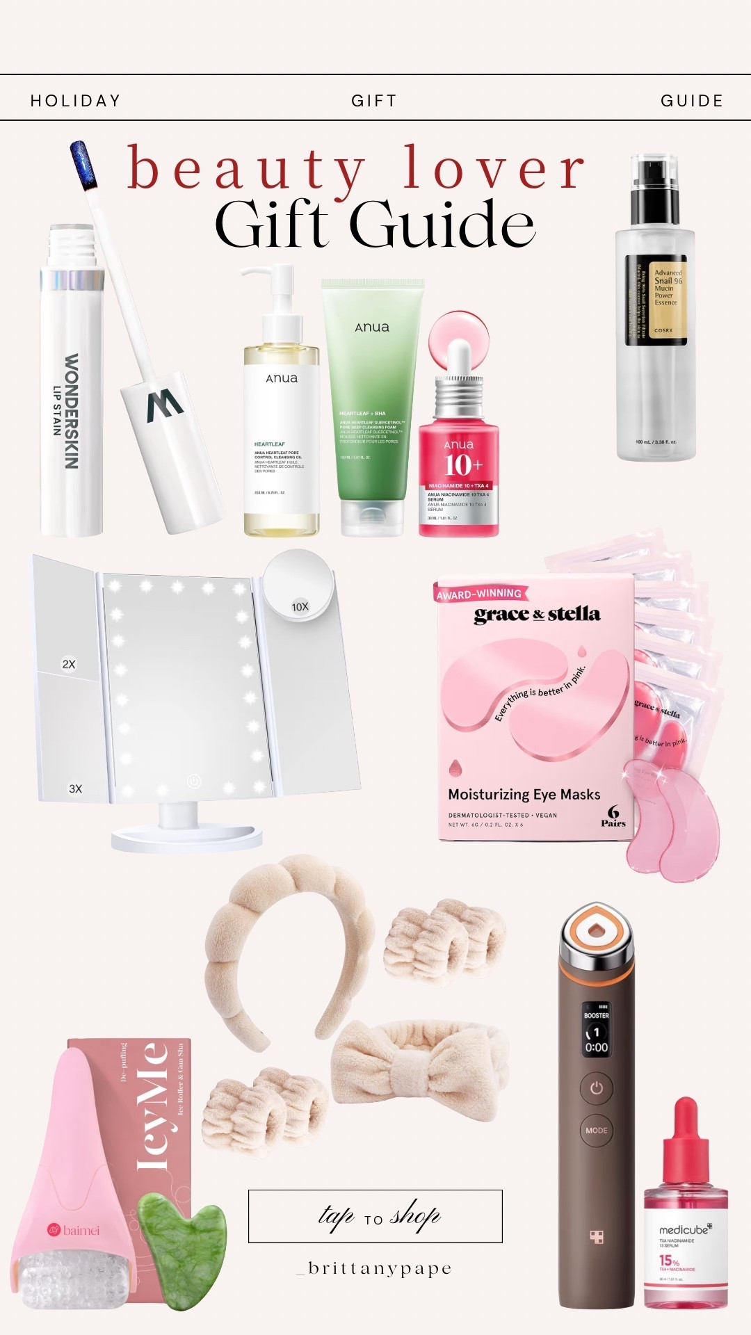 Beauty lover gifts


Gifts for her, gift guide, skincare, beauty, Korean skincare, mirror, vanity, lip stain, Anua, wonderskin, grace&amp;stella, eye mask, glass skin, medicube 

#LTKGiftGuide #LTKFindsUnder50 #LTKBeauty