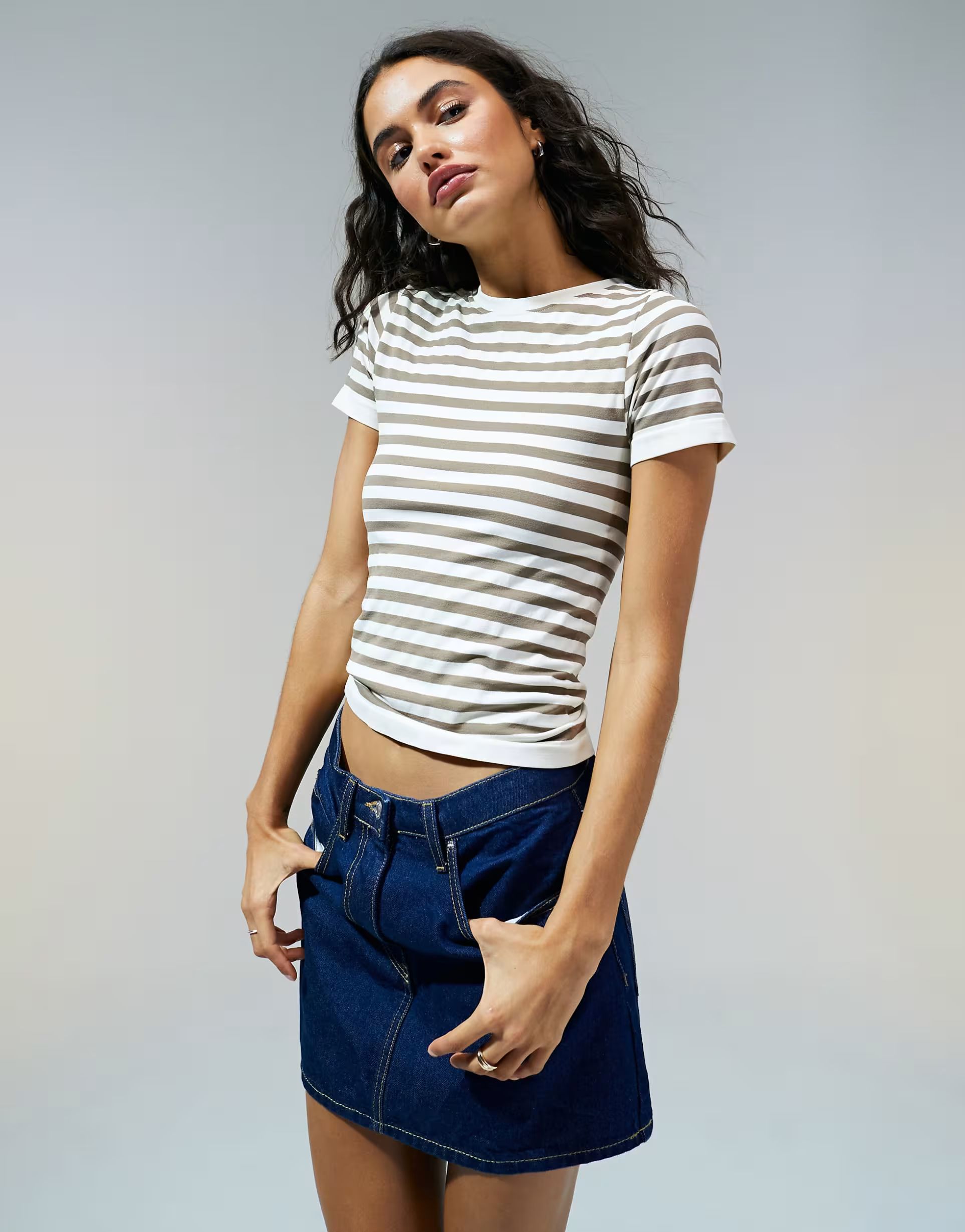 ASOS DESIGN seamless sculpting baby tee in neutral stripe | ASOS (Global)