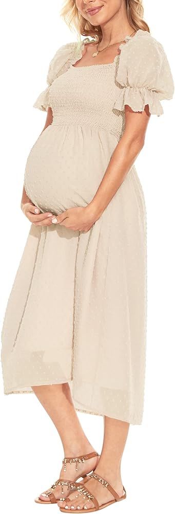 Puff Sleeve Swiss Dot Maternity Dress/Square Neck Smoked Midi Dress Summer Baby Shower | Amazon (US)