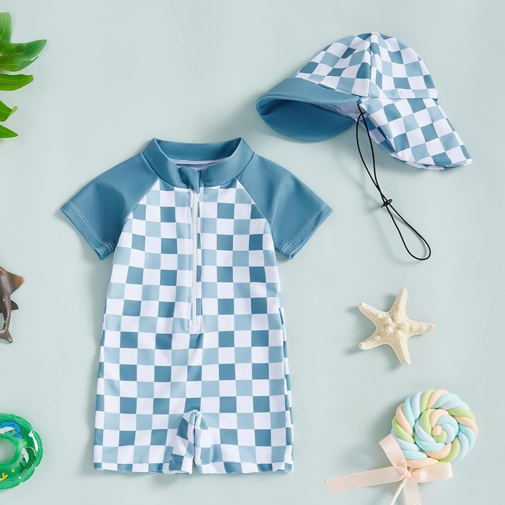 Toddler Baby Boy Girl Rash Guard Swimsuit One Piece Checkerboard Short Sleeve Zipper Swimwear Bat... | Amazon (US)