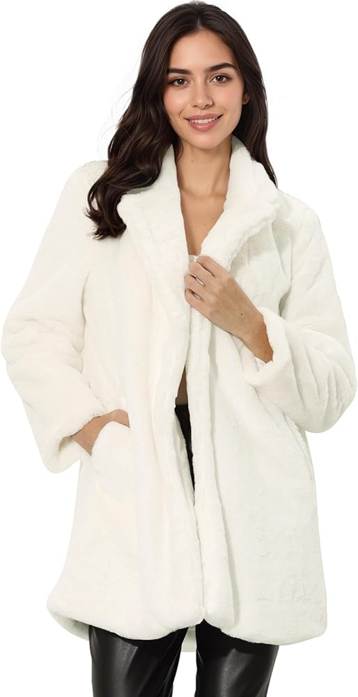 Allegra K Women's Faux Fur Coat Lapel Warm Overcoat Winter Open Front Casual Long Fluffy Jackets | Amazon (US)