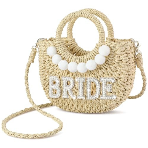 Pinkunn Bride Gift Bride Straw Purse Mrs Handwoven Bag Rhinestone Letter Bag Bachelorette Honeymoon Wedding Bridal Shower(BRIDE Plush Ball) | Amazon (US)