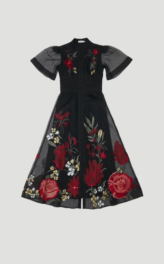 Botanical Embroidery Organdie Angel Sleeve Midi Dress | Karen Millen UK + IE + DE + NL