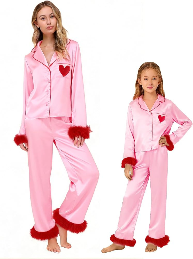 Seyurigaoka Mommy and Me Valentines Pajamas Set 2 Piece Satin Silk Feather Trim Heart Pjs for Mom... | Amazon (US)