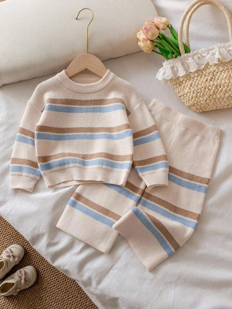SHEIN Playful Pals 2pcs Baby Girls' Knitted Sweater Set, Colorblock Top + Wide Leg Pants, Suitable For Spring, Autumn, Winter, Casual Wear, Outdoor, Travel Fall | SHEIN
