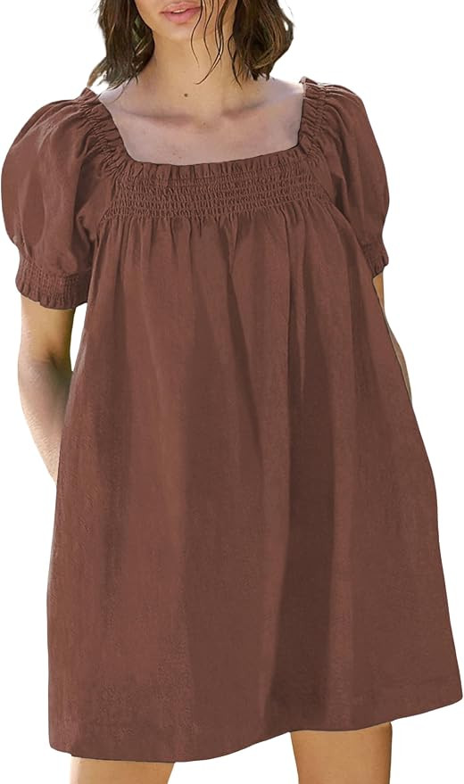 Huaqiao Womens Summer Mini Dress 2026 A-Line Square Neck Puff Sleeve Beach Sundress Casual Short ... | Amazon (US)