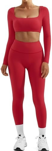 SUUKSESS Women 2 Piece Workout Sets Compression Tummy Control Leggings with Pockets Long Sleeve S... | Amazon (US)