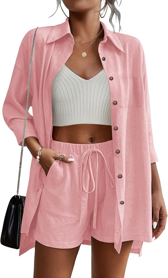 Beyove Women's Cotton Linen Set Casual Tracksuit Button Down 3/4 Sleeve Shirt Drawstring Shorts P... | Amazon (US)