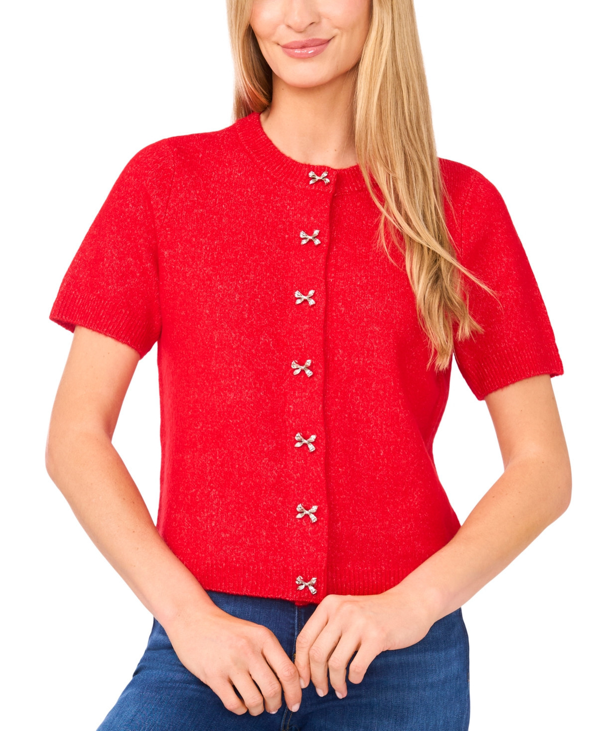 CeCe Women's Short Sleeve Bow Button Cardigan Sweater - Bright Cherry | Macy's