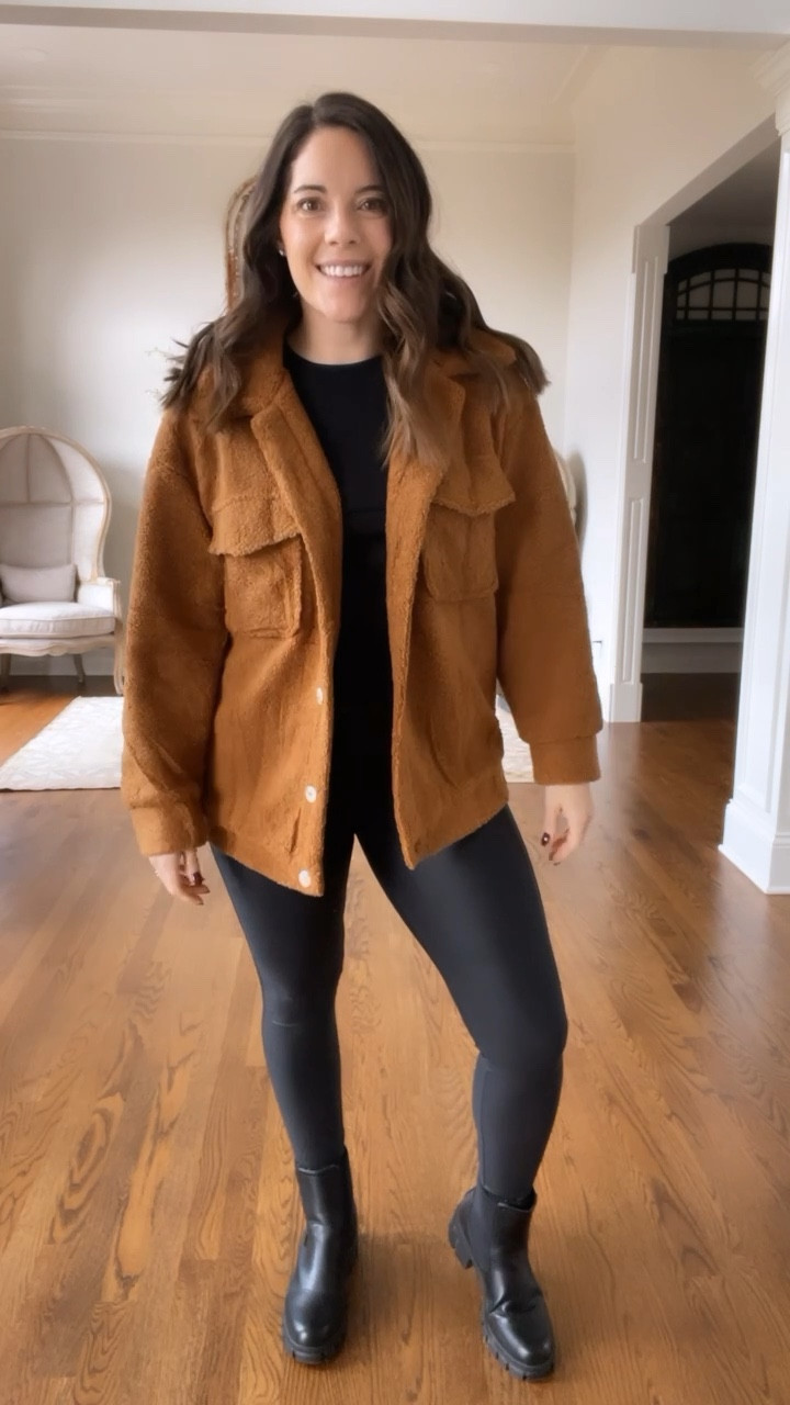 Loving this oversized shaggy jacket! Functional buttons, warm, and covers my bum! The jacket is lined and you can roll the sleeves up. Wearing a size Small (TTS). Brown color. 4 colors to choose from! Apply/clip the coupon code for extra savings!

Faux leather/spanx leggings are TTS. Wearing medium! Chelsea boots are also TTS. Very comfy and has some cushion! Short sleeve slim cropped black shirt (M). Went up a size for my shirt!

 #AmazonFinds #AmazonFashion#Amazonstyle #founditonAmazon #outfitinspiration #Mid30s #Styleover30 #StyleGuide #HowToStyle #StyleTips #WhatToWear #OOTD #CasualChic #Outfits #HowToDress #falltransitionoutfit #FallVibes  #HowToStyle #StylingTips #FashionHack #oldnavy #chelseaboots #falljacket

#LTKfindsunder50 #LTKstyletip #LTKshoecrush