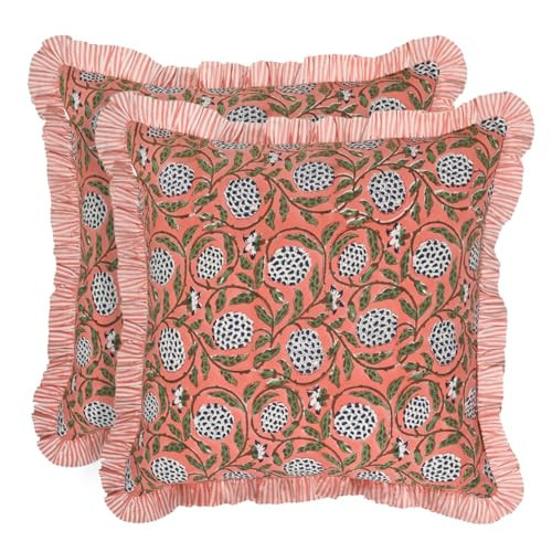 Ridhi Block Print Dark Salmon Pink Throw Pillow Cover 18" x 18" (Pack of 2) Decorative Cushion Covers with Ruffle for Couch, Sofa, Bed, Living Room, Home Decor Gift for Spring, Easter, Valentine | Amazon (US)