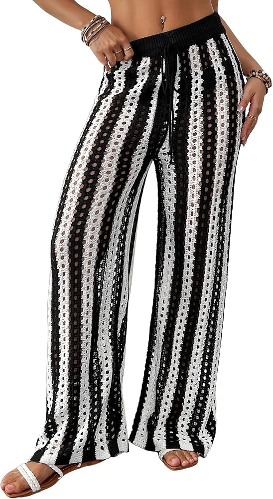 Bsubseach Womens Crochet Swimsuit Coverup Pants Striped High Waisted Drawstring Sexy Sheer Mesh K... | Amazon (US)